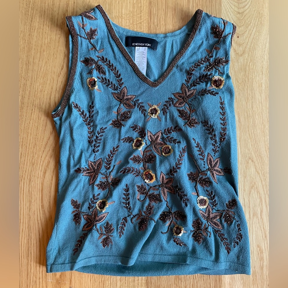Jones New York Teal and Brown Embroidered Tank Top